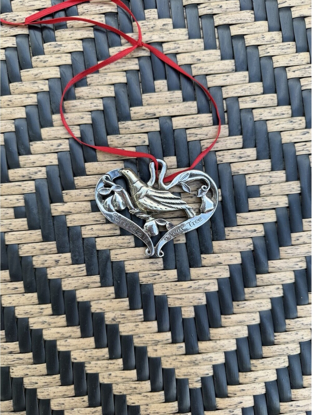 Gorham Partridge Heart Ornament Metal Hanging Silver/Red Ribbon Small 3 in